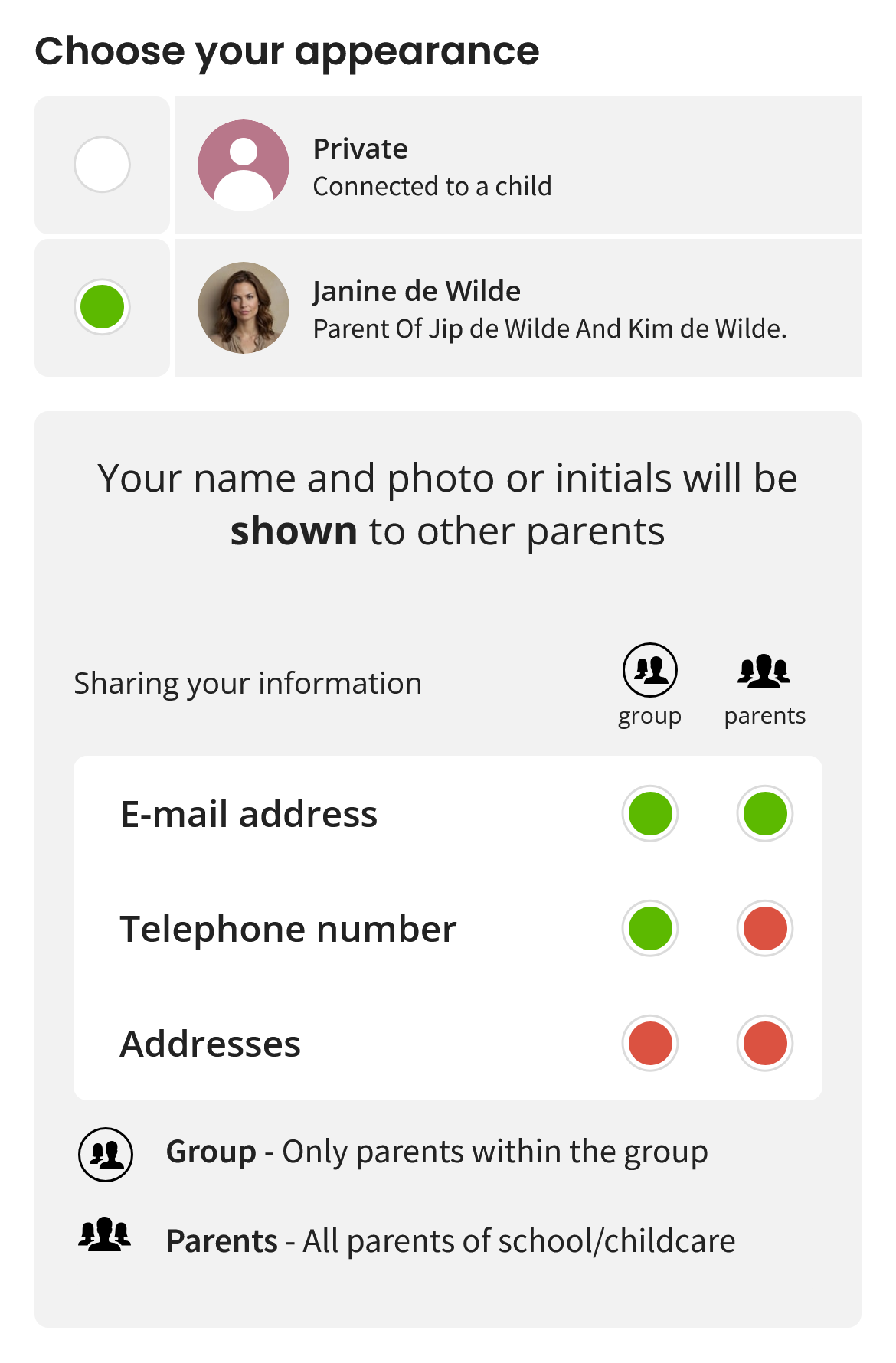 Instellingenweergave waarin zichtbaar is hoe uw profiel wordt getoond aan andere ouders in Kwieb.